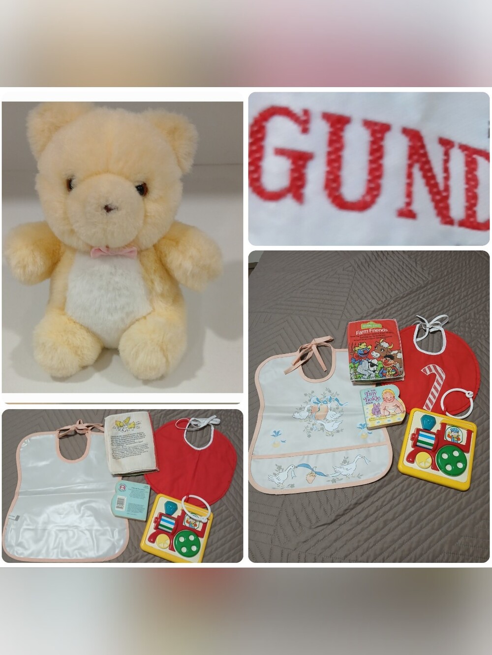 Gund Plush Yellow Teddy Bear  With Bibs,Books & Crib Toy, Bundle For